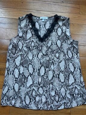 Nine West Black & Cream Snake Print Lace-Trim Sleeveless Top